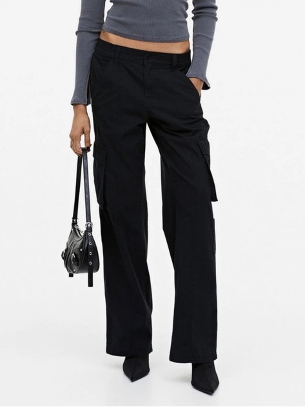 100% cotton black low waist cargo pants